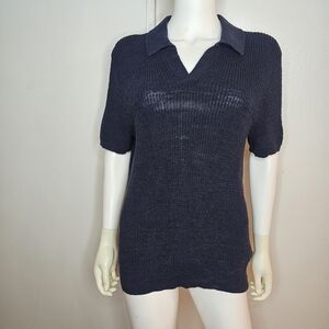 VTG Knit For J. Crew Navy Knit Collared Sweater Linen/Cotton Size S
